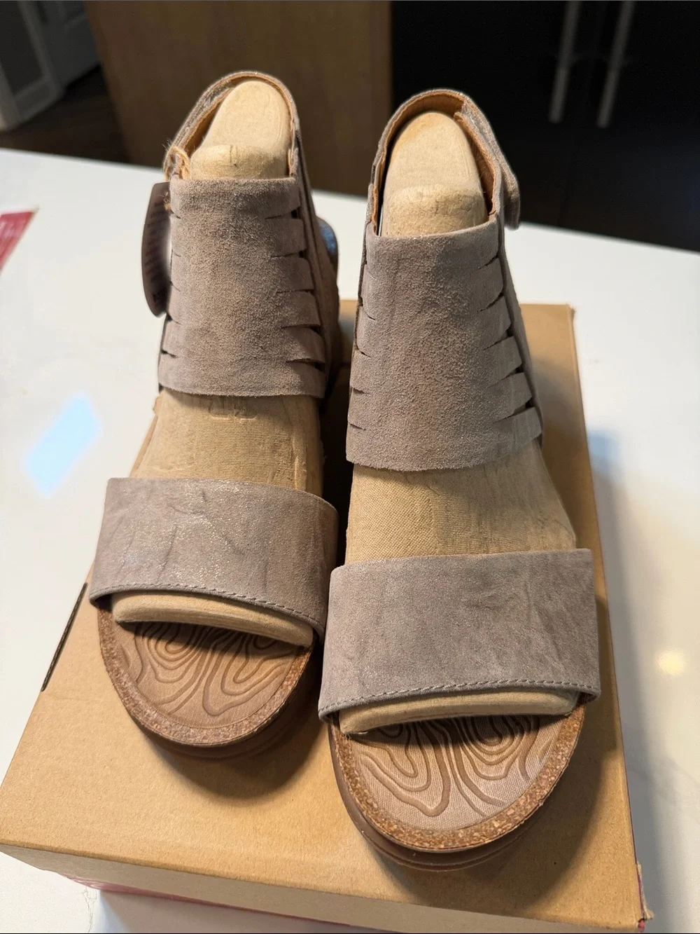 Bionica Gracen Taupe Suede Cutout Wedge Sandals Size 11